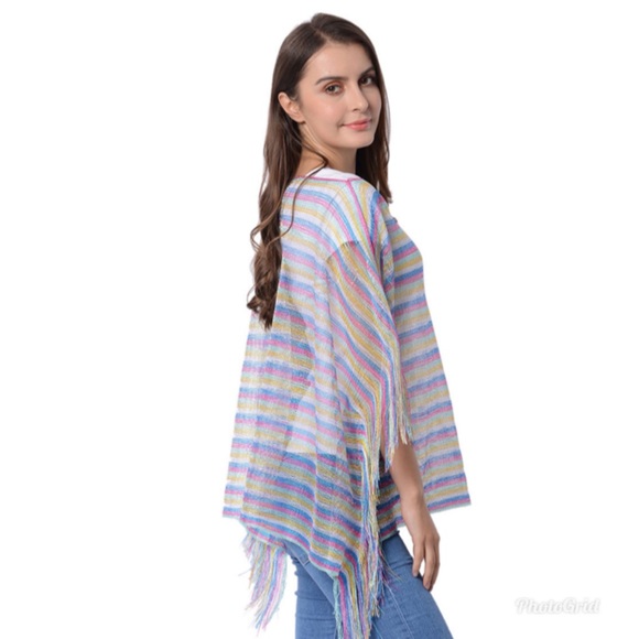 Multi Color Stripe Pattern Fringed Poncho - Picture 2 of 3